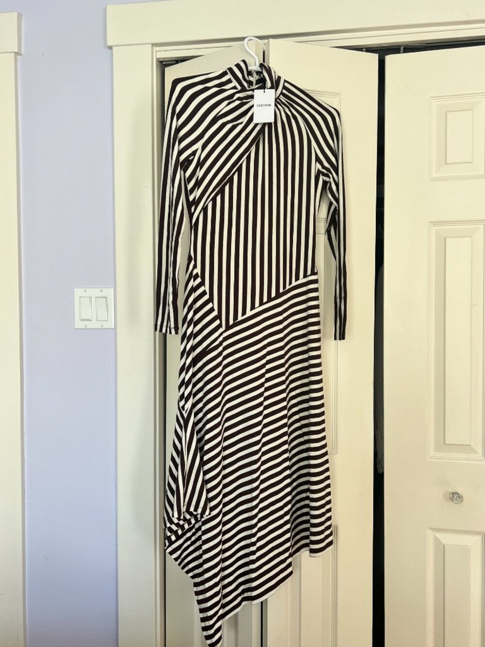 Reiss Brown/Cream Striped Jersey Asymmetric Midi Dress - Picture 4 of 4
